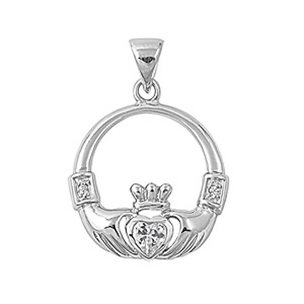 Sterling Silver Elegant Claddagh Pendant with Clear Simulated Diamond Heart