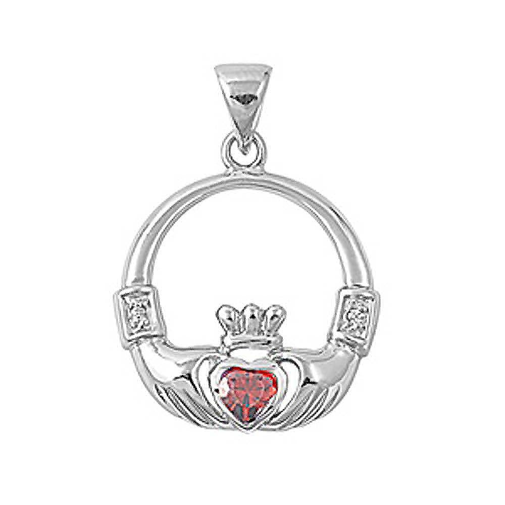 Sterling Silver Elegant Claddagh Pendant with Garnet Simulated Diamond Heart