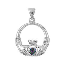 Load image into Gallery viewer, Sterling Silver Elegant Claddagh Pendant with Rainbow Topaz Simulated Diamond Heart