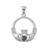 Sterling Silver Elegant Claddagh Pendant with Rainbow Topaz Simulated Diamond Heart