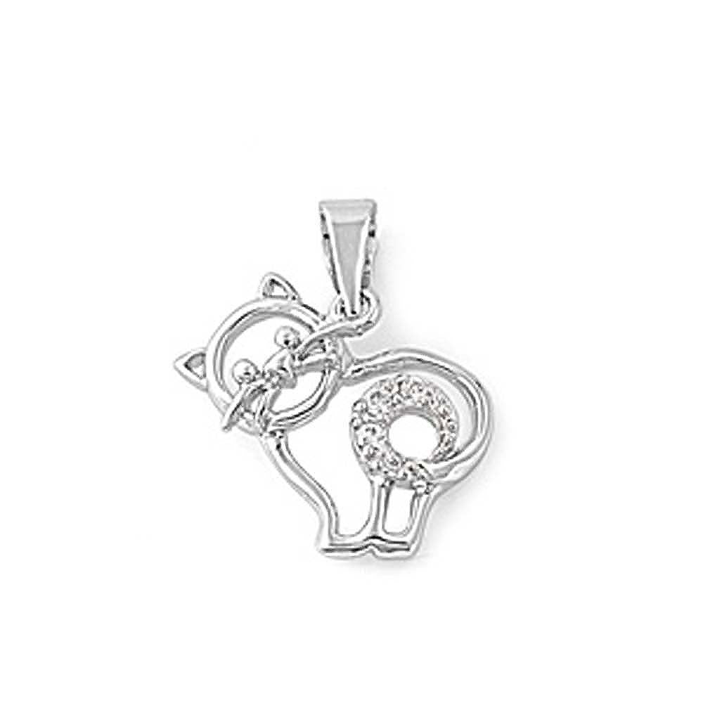 Sterling Silver Stylish Cat Pendant Paved with Clear Simulated Diamonds