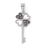 Sterling Silver Elegant Heart Clover Key  Pendant Paved with Brown Simulated Diamonds