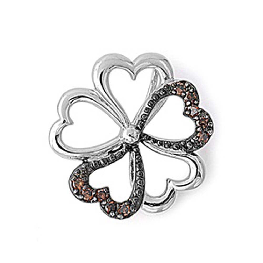 Sterling Silver Elegant Clover Heart Pendant Paved with Brown CZ