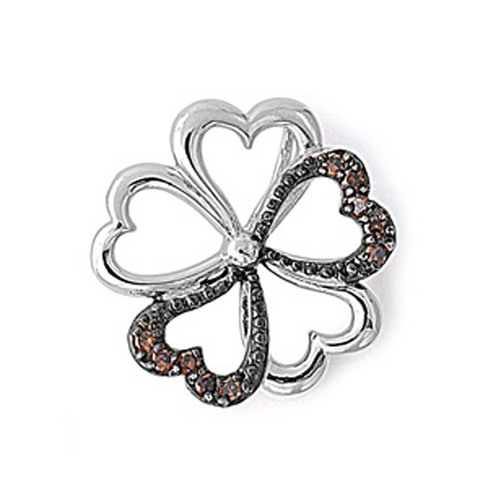 Sterling Silver Elegant Clover Heart Pendant Paved with Brown Simulated Diamonds
