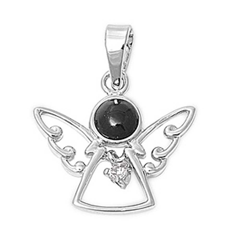 Sterling Silver Decorated Angel Pendant with Onyx Head and Clear CZ Heart