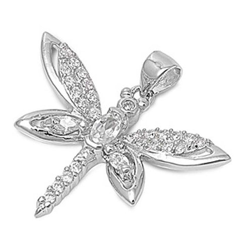 Sterling Silver Fancy Dragonfly Pendant with Paved Simulated Diamonds