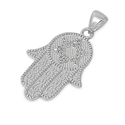 Sterling Silver Fancy Paved Hamsa Hand Pendant with Centered Star of David