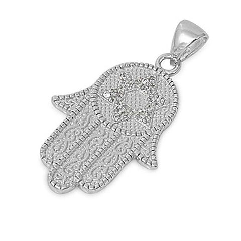 Sterling Silver Fancy Paved Hamsa Hand Pendant with Centered Star of David