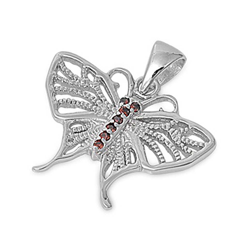 Sterling Silver Stylish Decorated Butterfly Pendant  Paved with Garnet CZ