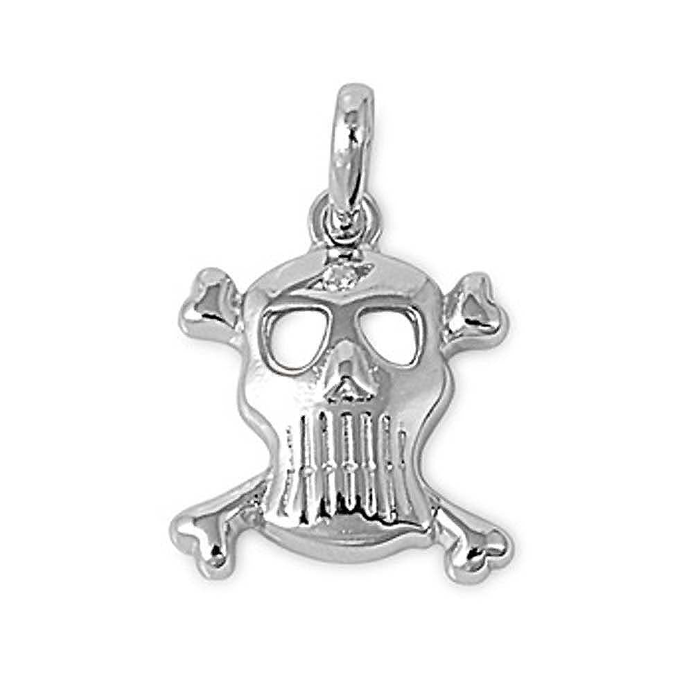 Sterling Silver Stylish Grinning Crossbone Skull Pendant with Centered CZ