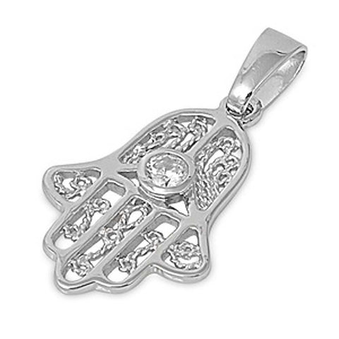 Sterling Silver Fancy Decorated Hamsa Hand Pendant with Centered Simulated Diamond