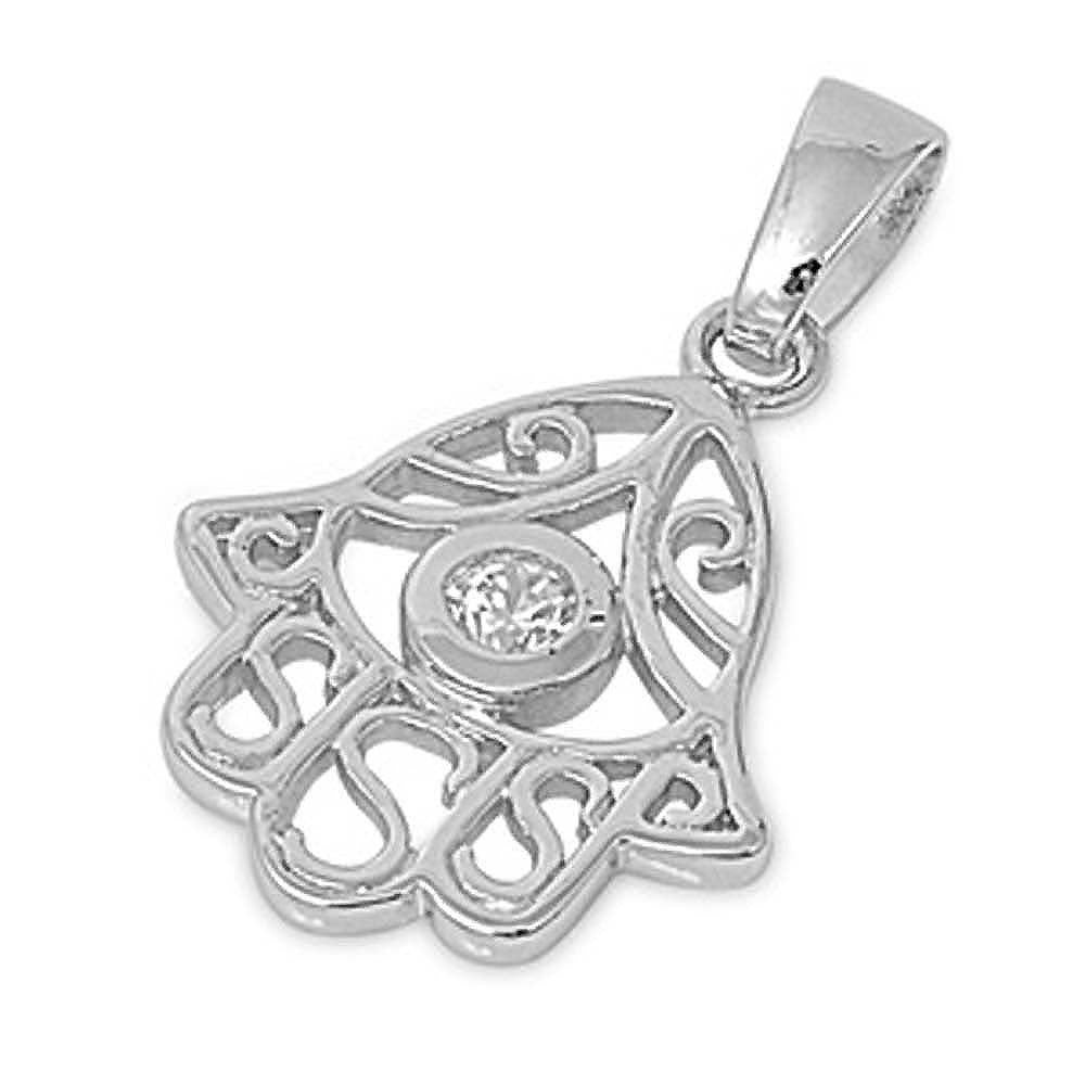 Sterling Silver Fancy Decorated Hamsa Hand Pendant  with Centered Simulated Diamond