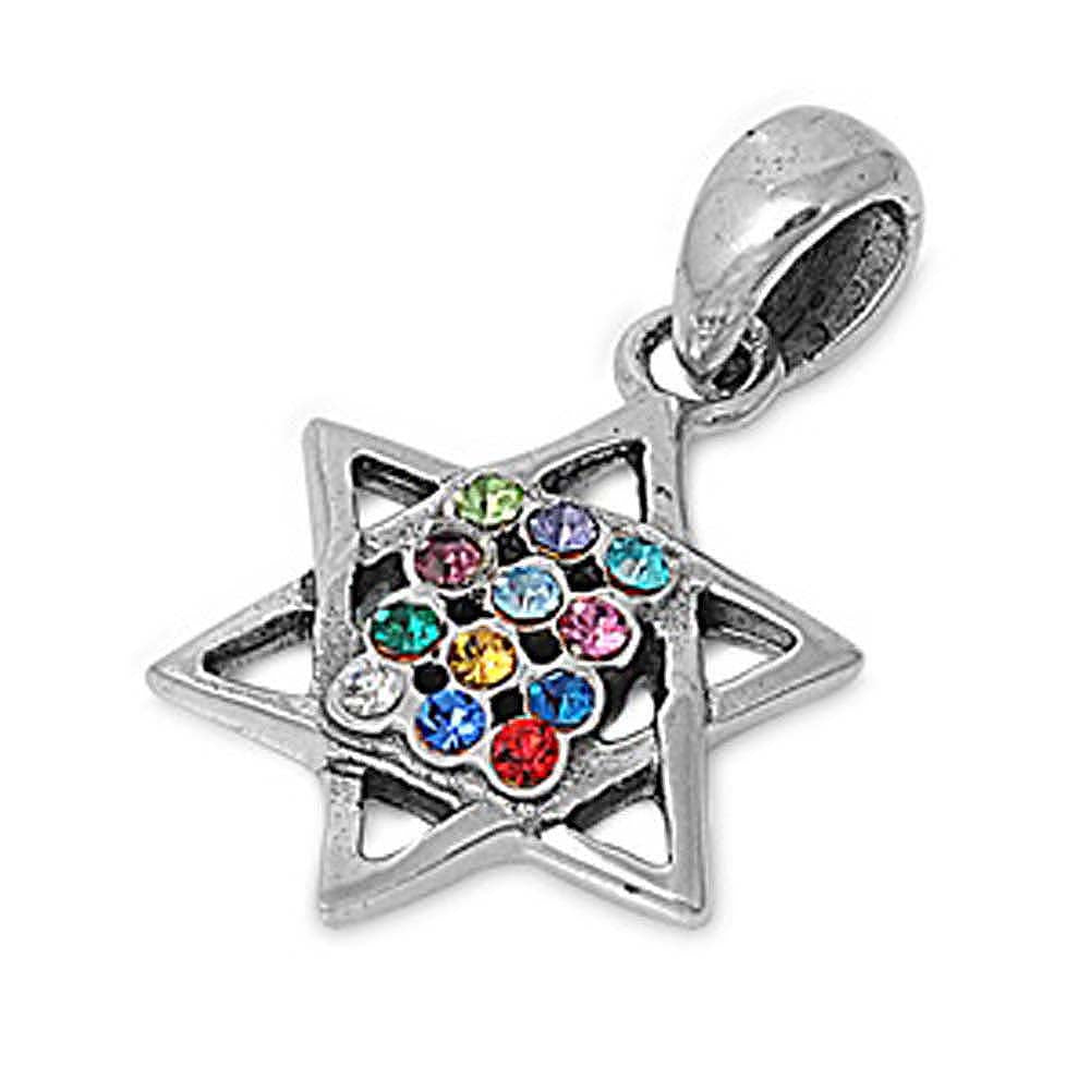 Sterling Silver Star of David Pendant with Centered Multicolored Simulated Diamonds