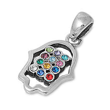 Load image into Gallery viewer, Sterling Silver Hamsa Hand Pendant with Centered Multicolored Simulated Diamonds