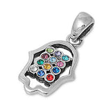 Sterling Silver Hamsa Hand Pendant with Centered Multicolored Simulated Diamonds