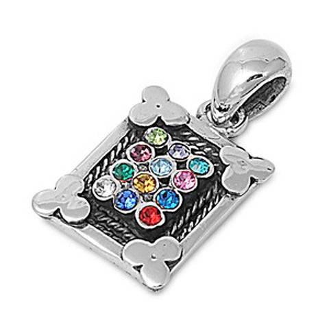 Sterling Silver Stylish Pendant with Centered Multicolored Simulated Diamonds