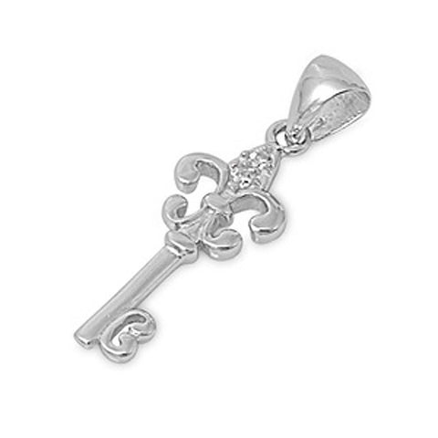 Sterling Silver Elegant Fleur De Lis Key Pendant with Simulated Diamond