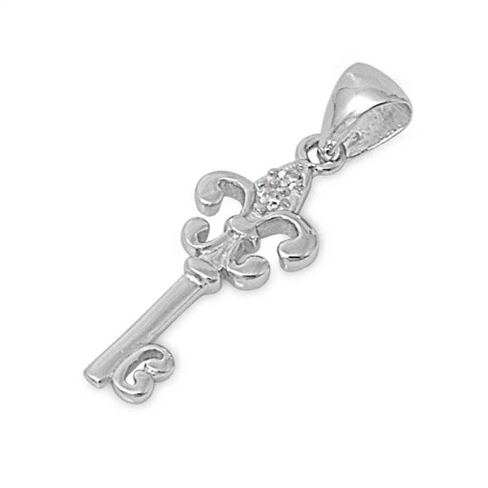 Sterling Silver Elegant Fleur De Lis Key Pendant with Simulated Diamond