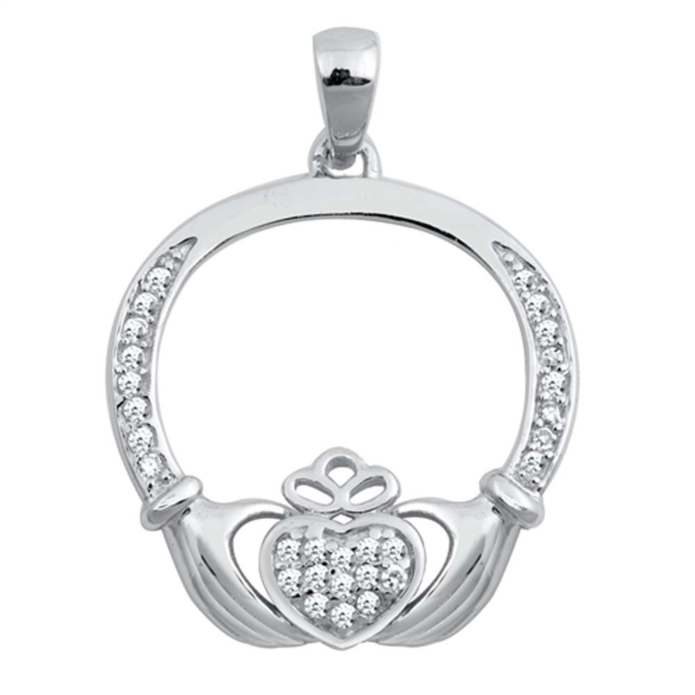 Sterling Silver Elegant Paved Claddagh Pendant with Paved Heart