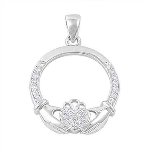 Sterling Silver Elegant Paved Claddagh Pendant