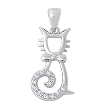 Load image into Gallery viewer, Sterling Silver Cat Pendant with Bow and Simulated Diamond Paved Tail