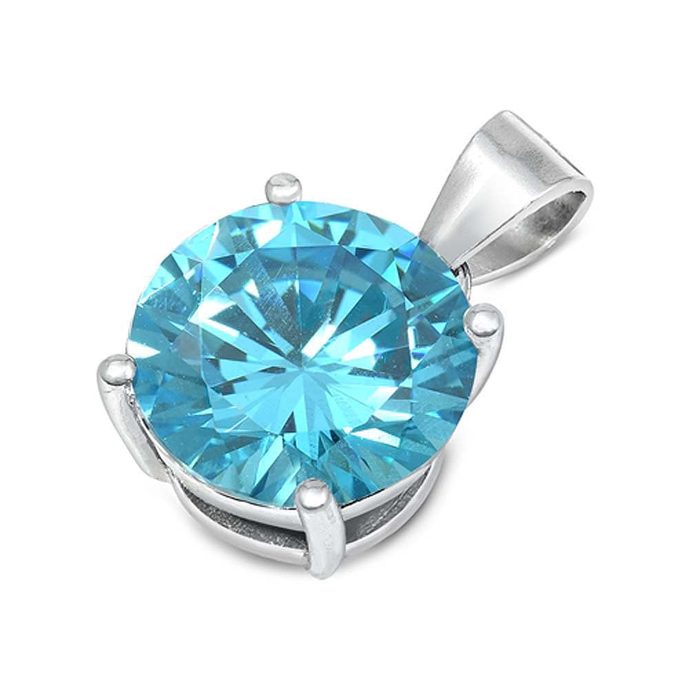 Sterling Silver Aquamarine CZ Solitaire Pendant Set on High Quality Prong Setting and Aprx 2.5 Carat Weight
