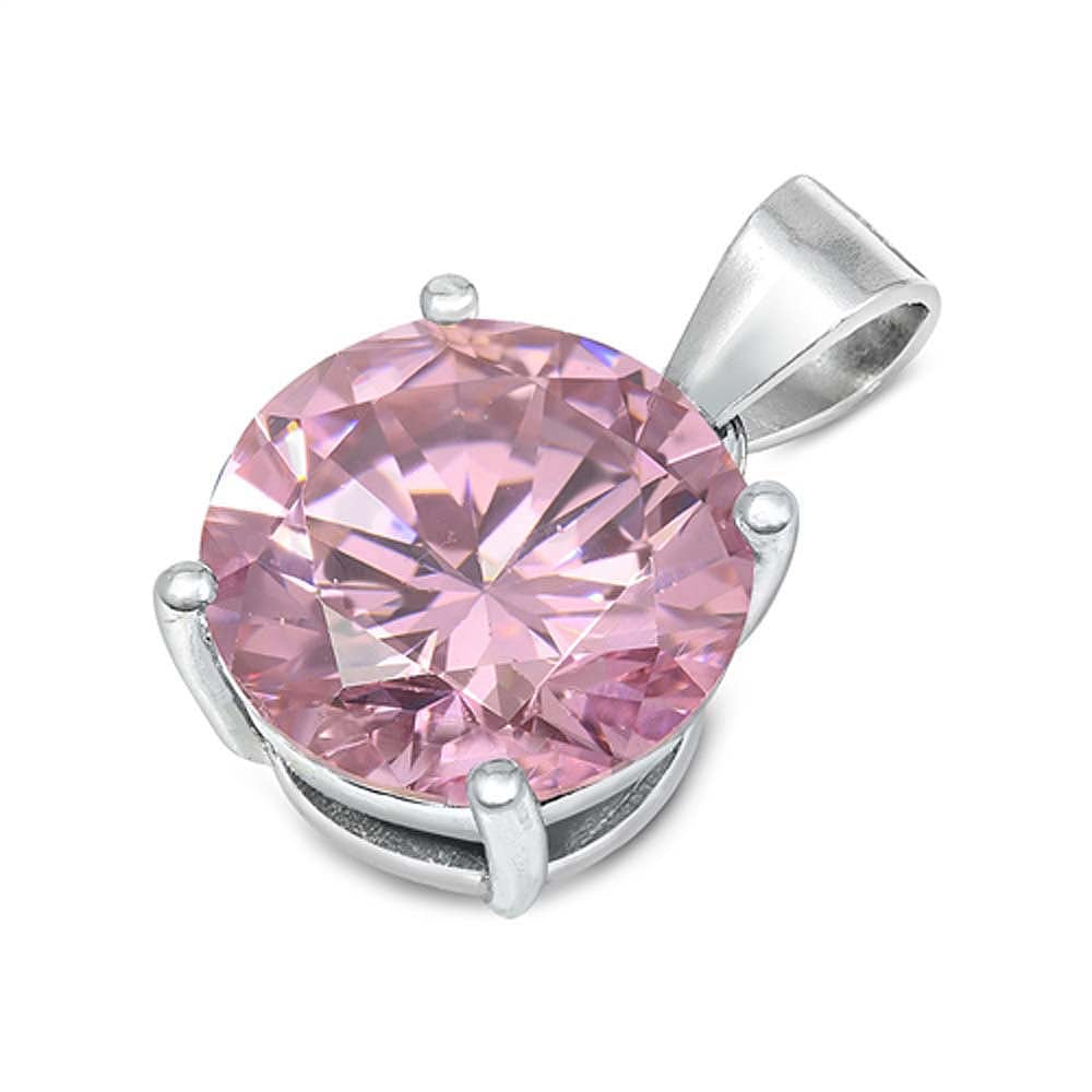 Sterling Silver Pink CZ Solitaire Pendant Set on High Quality Prong Setting and Aprx 2.5 Carat Weight