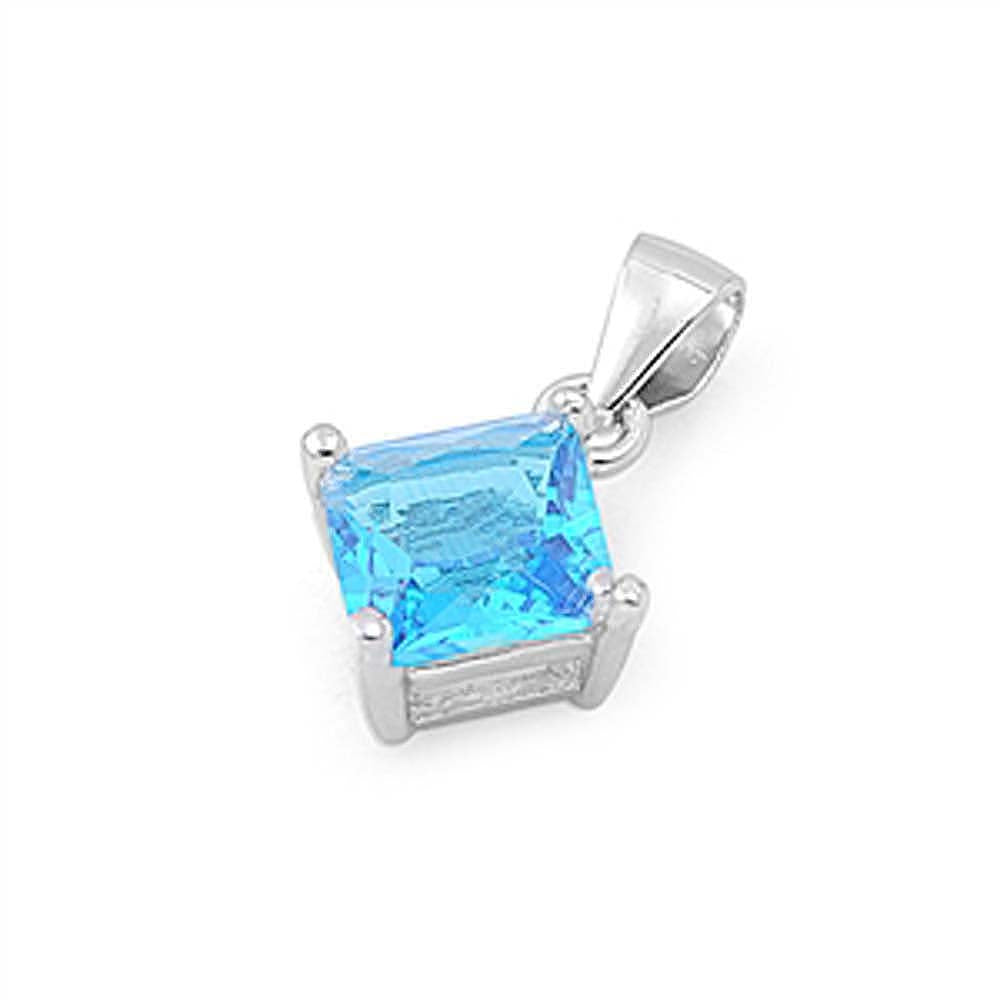 Sterling Silver Elegant Aquamarine Princess Cut CZ Solitaire Pendant Set on High Quality Prong Setting And Aprx 1.5 Carat Weight