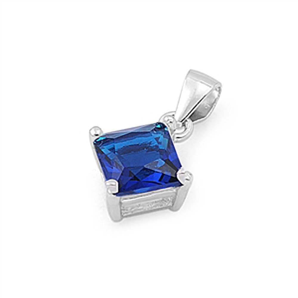 Sterling Silver Elegant Blue Sapphire Princess Cut CZ Solitaire Pendant Set on High Quality Prong Setting And Aprx 1.5 Carat Weight