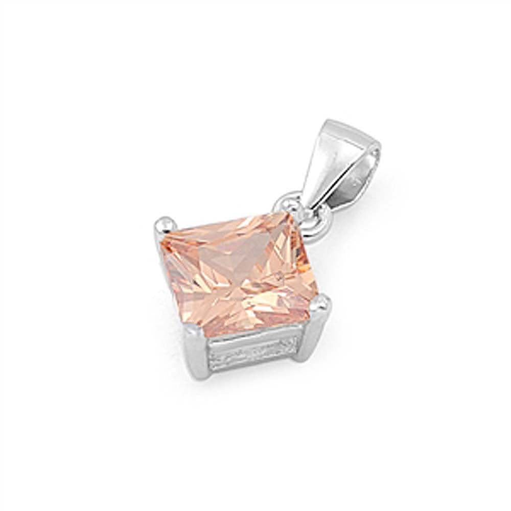 Sterling Silver Elegant Champagne Princess Cut CZ Solitaire Pendant Set on High Quality Prong Setting And Aprx 1.5 Carat Weight