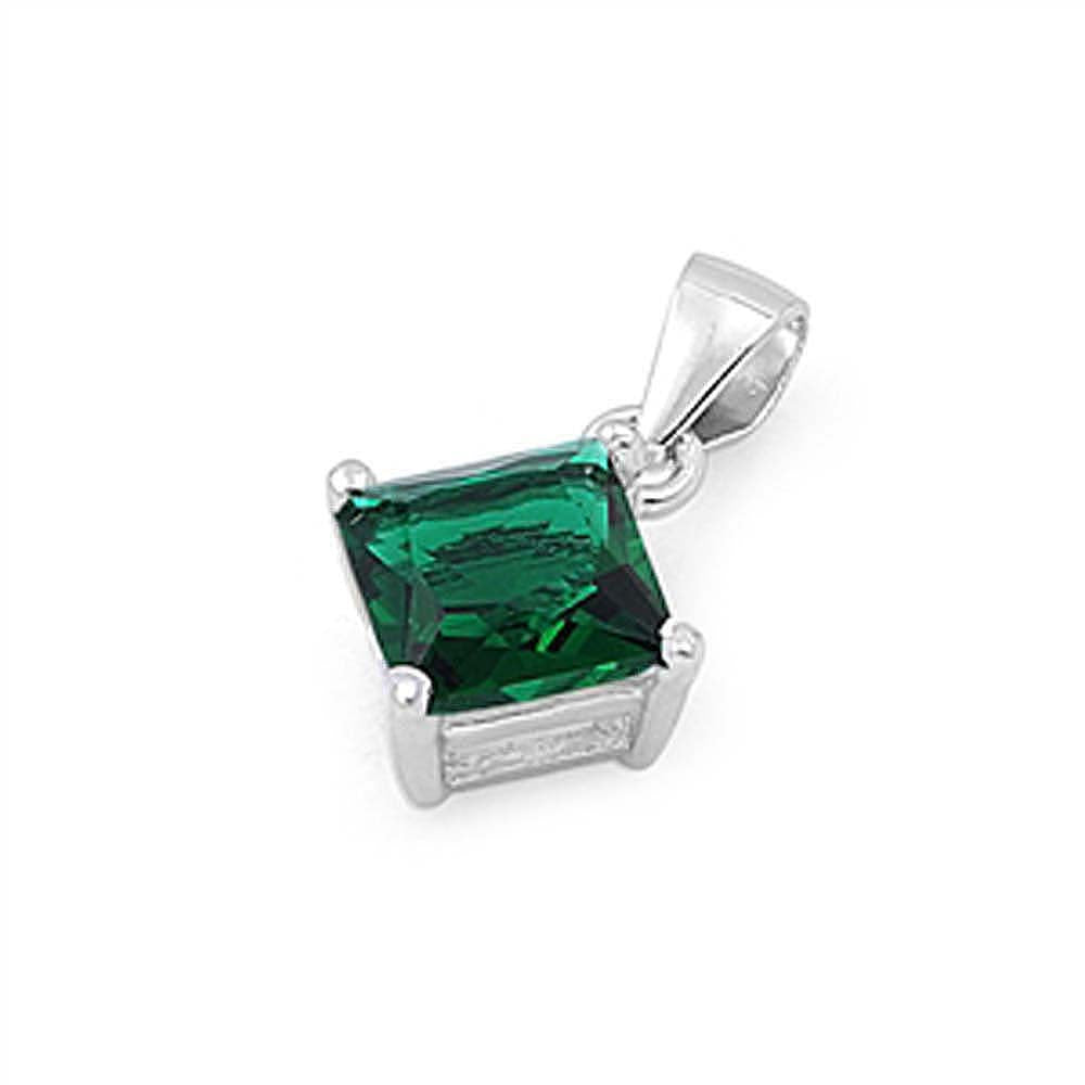 Sterling Silver Elegant Emerald Princess Cut CZ Solitaire Pendant Set on High Quality Prong Setting And Aprx 1.5 Carat Weight