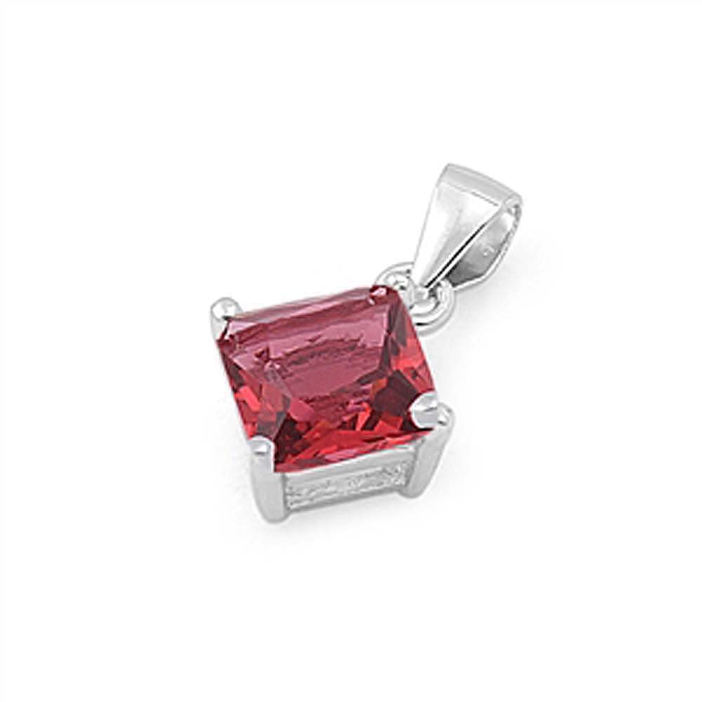 Sterling Silver Elegant Garnet Princess Cut CZ Solitaire Pendant Set on High Quality Prong Setting And Aprx 1.5 Carat Weight