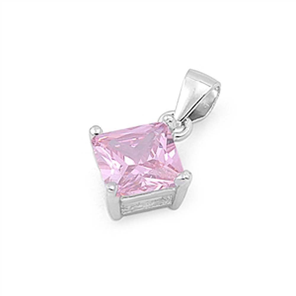 Sterling Silver Elegant Pink Princess Cut CZ Solitaire Pendant Set on High Quality Prong Setting And Aprx 1.5 Carat Weight