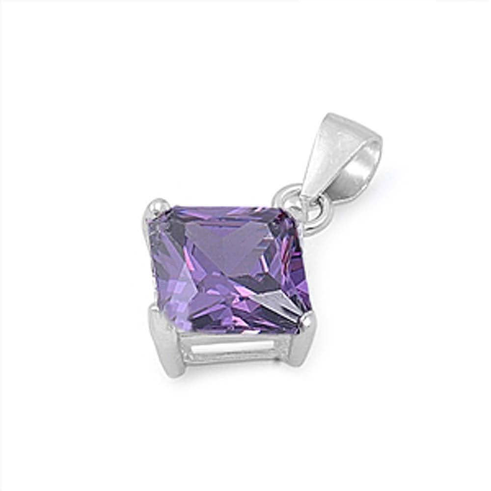 Sterling Silver Elegant Amethyst Princess Cut CZ Solitaire Pendant Set on High Quality Prong Setting And Aprx 2.5 Carat Weight