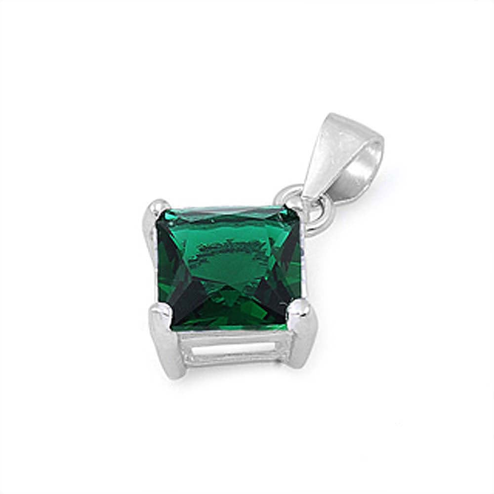 Sterling Silver Elegant Emerald Princess Cut CZ Solitaire Pendant Set on High Quality Prong Setting And Aprx 2.5 Carat Weight