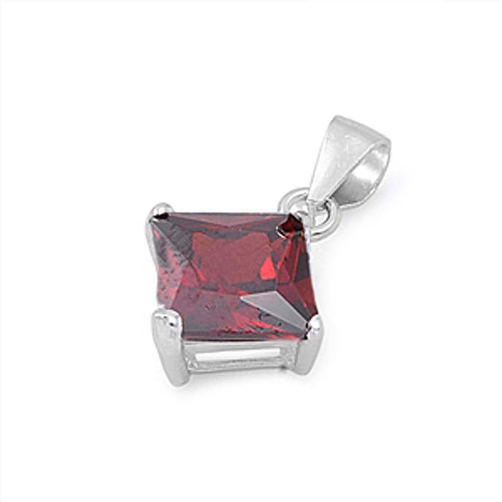 Sterling Silver Elegant Garnet Princess Cut Simulated Diamond Solitaire Pendant Set on High Quality Prong Setting And Aprx 2.5 Carat Weight