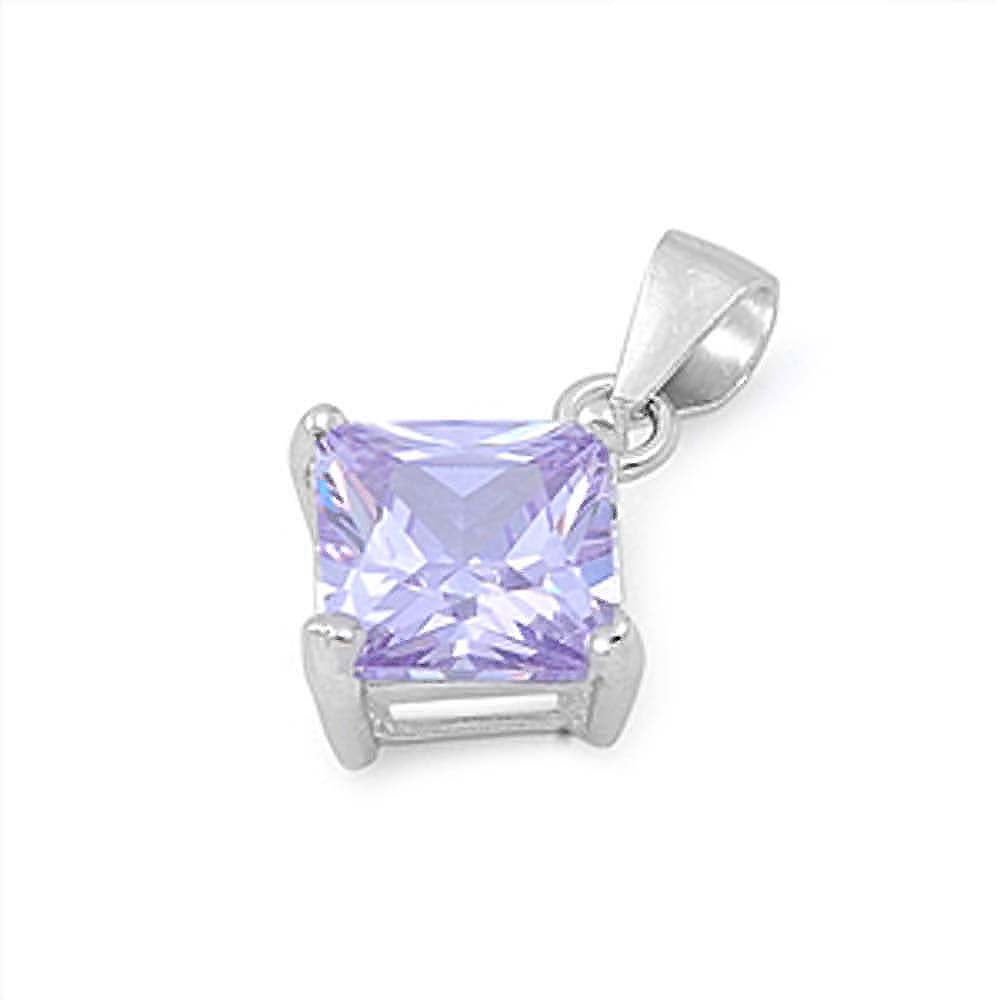 Sterling Silver Elegant Lavender Princess Cut CZ Solitaire Pendant Set on High Quality Prong Setting And Aprx 2.5 Carat Weight