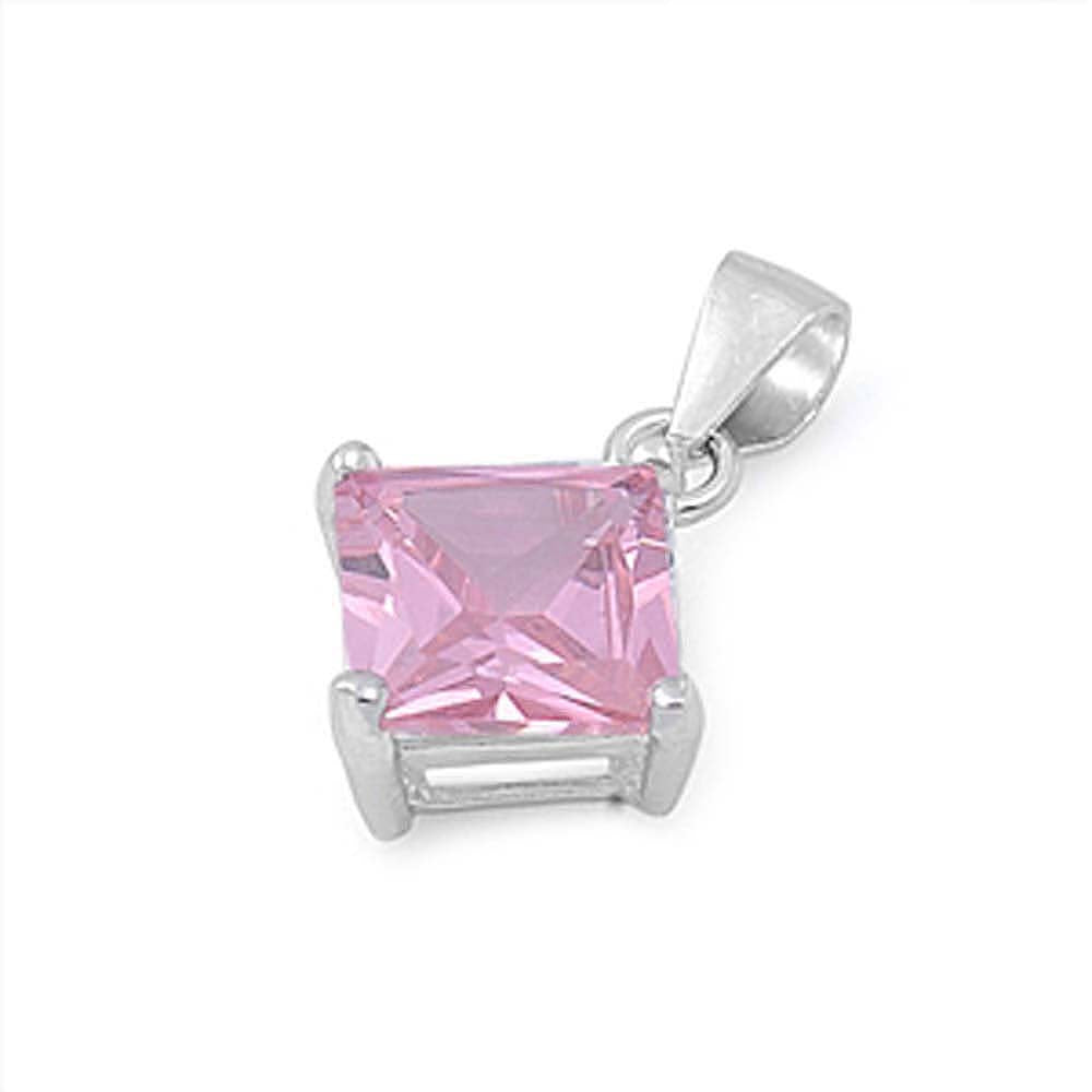 Sterling Silver Elegant Pink Princess Cut CZ Solitaire Pendant Set on High Quality Prong Setting And Aprx 2.5 Carat Weight
