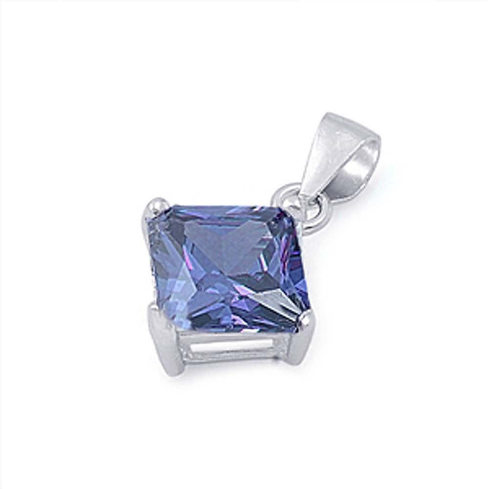 Sterling Silver Elegant Tanazanite Princess Cut CZ Solitaire Pendant Set on High Quality Prong Setting And Aprx 2.5 Carat Weight