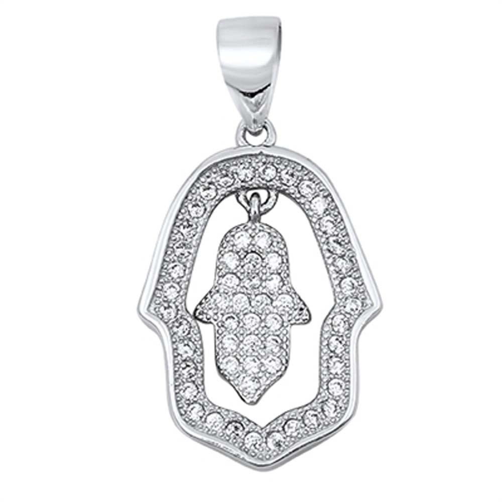 Sterling Silver Double Micro Pave Hand of God Pendant with Pendant Height of 20MM