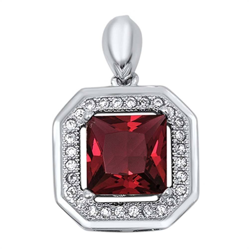 Sterling Silver Princess Cut Garnet Cz with Pave Frame Pendant, Pendant Height of 16MM