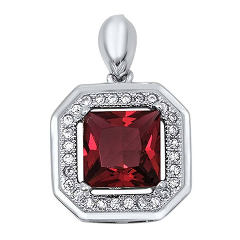 Sterling Silver Classy Princess Cut Garnet Cz with Pave Frame PendantAnd Pendant Height of 16MM