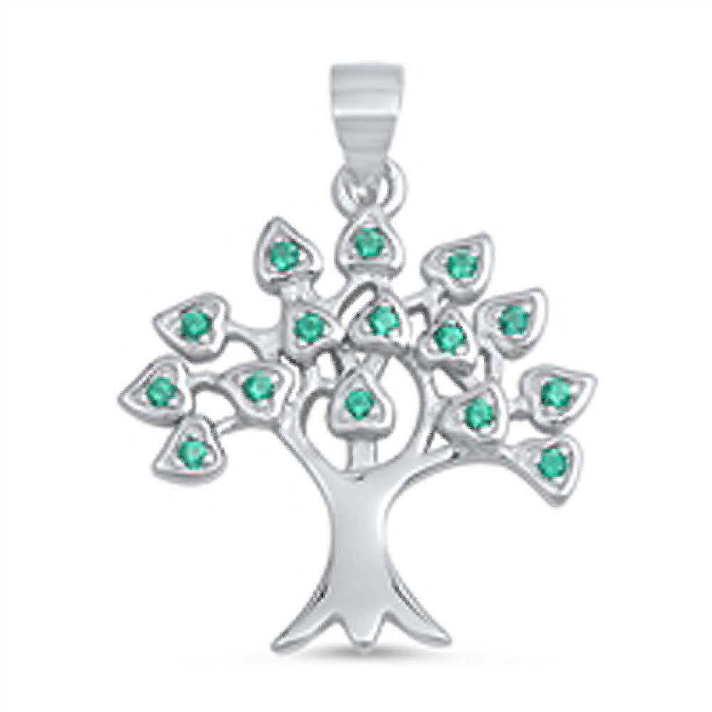 Sterling Silver Stylish Tree of Life Pendant with Emerald CZ LeavesAnd Pendant Height of 23MM