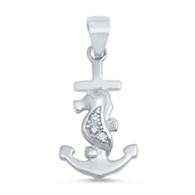 Sterling Silver Stylish Seahorse and Anchor Design Pendant with Clear CZ StonesAnd Pendant Height of 20MM