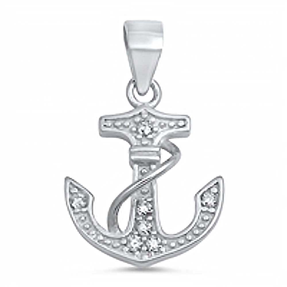 Sterling Silver Paved Clear CZ Fancy Anchor  Pendant with Pendant Height of 17MM
