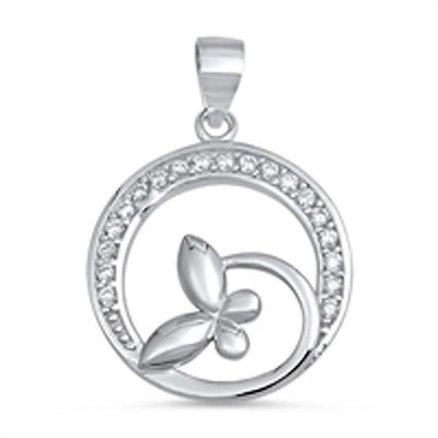 Sterling Silver Fancy Clear CZ Open Circle Butterfly Pendant with Pendant Height of 22MM