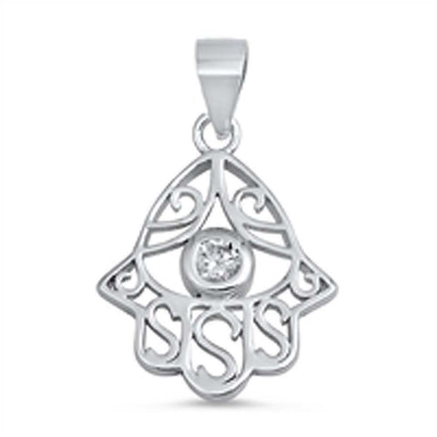 Sterling Silver Fancy Hamsa Hand with Clear CZ Stone PendantAnd Pendant Height of 19MM