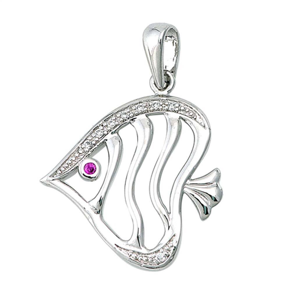 Sterling Silver Ruby Colour CZ with Fish PendantAnd Height 21mm