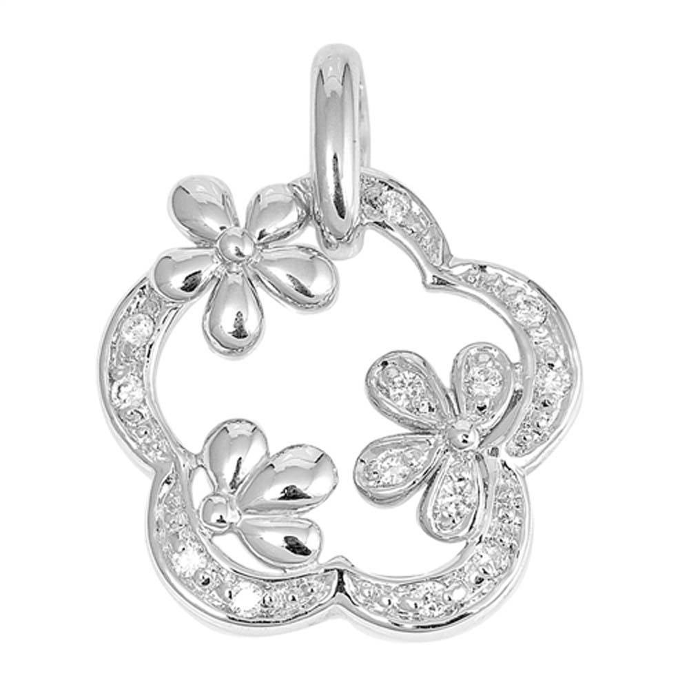 Sterling Silver Clear CZ with Flowers PendantAnd Height 20mm