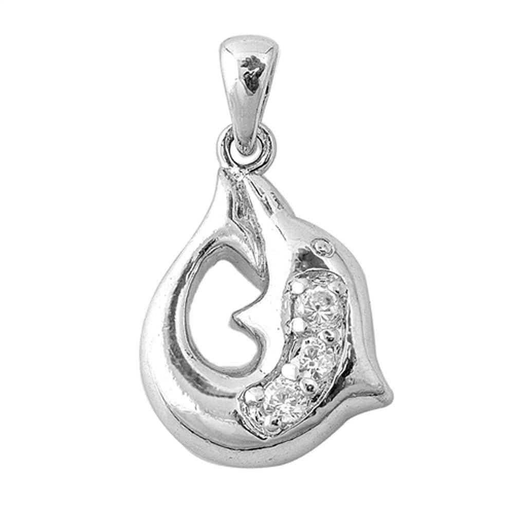 Sterling Silver Clear CZ With Dolphin PendantAndHeight 15mm